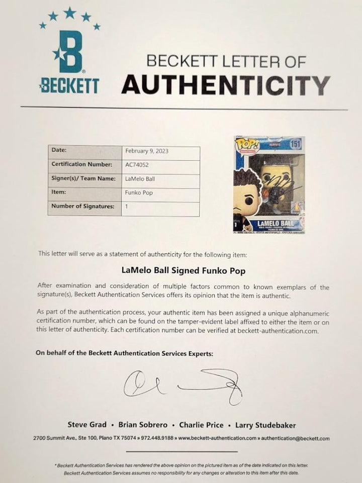 LaMelo Ball autograph signed Charlotte Hornets Funko Pop! ~ Beckett BAS COA LOA
