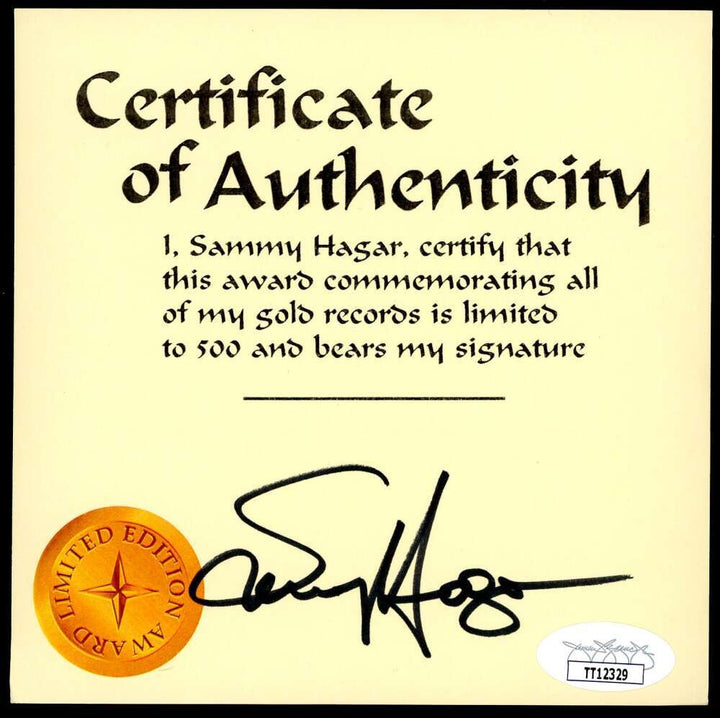 Sammy Hagar JSA Coa Signed 5x5 Award Certificate Autograph