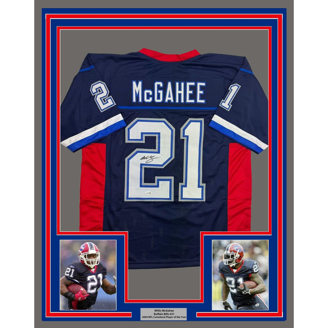 Framed Autographed/Signed Willis Mcgahee 35x39 Buffalo Blue Jersey JSA COA