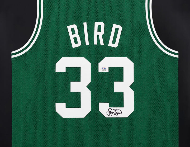 Boston Celtics Larry Bird Signed Framed Green Jersey PSA/DNA