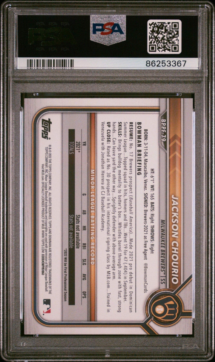 Graded 2022 Bowman 1st Edition Jackson Chourio #BPPF79 RC Baseball Card PSA 10