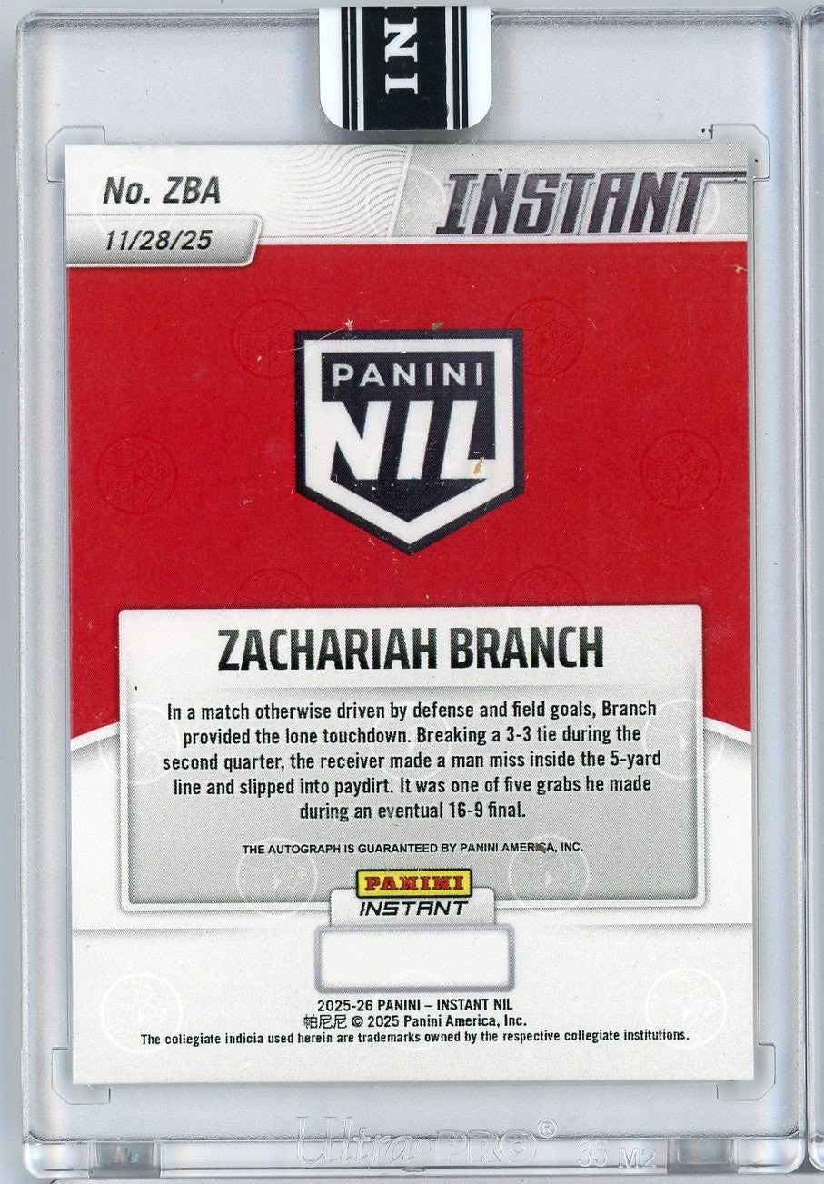 2025 Panini Instant Zachariah Branch #ZBA Auto Georgia Bulldogs RC Card