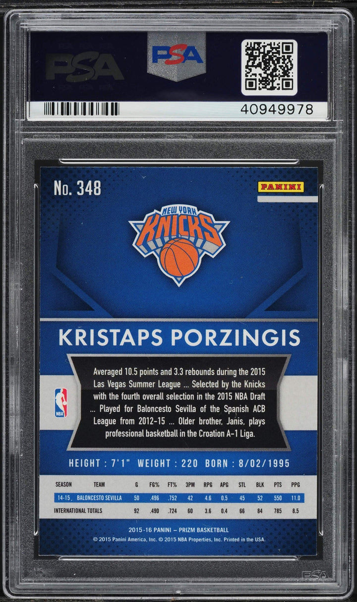 Graded 2015 Panini Prizm Kristaps Porzingis #348 Rookie Basketball Card PSA 10