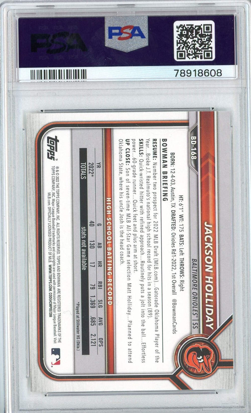 Graded 2022 Bowman Draft Jackson Holliday #BD168 Rookie RC Baseball Card PSA 10