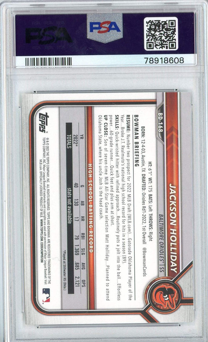 Graded 2022 Bowman Draft Jackson Holliday #BD168 Rookie RC Baseball Card PSA 10