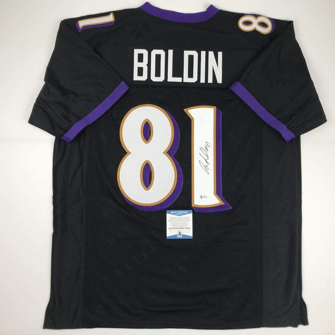 Autographed/Signed ANQUAN BOLDIN Baltimore Black Football Jersey Beckett BAS COA