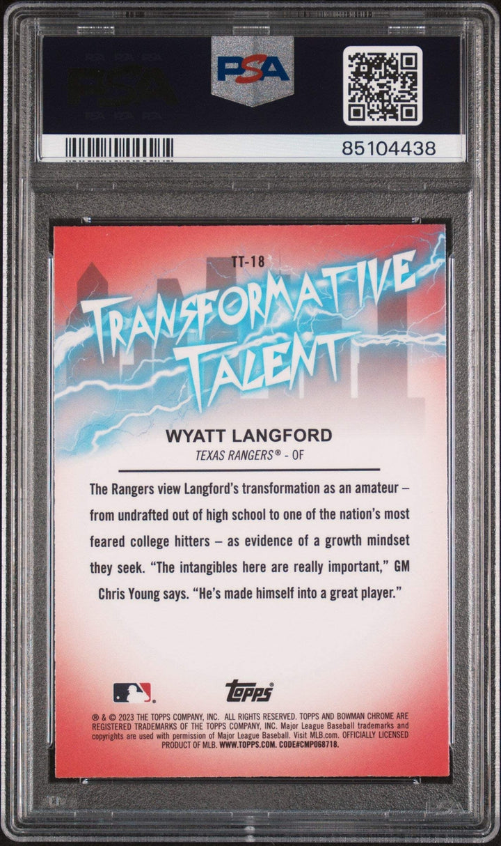 Graded 2023 Bowman Draft Wyatt Langford #TT18 Trans Talent Baseball Card PSA 10