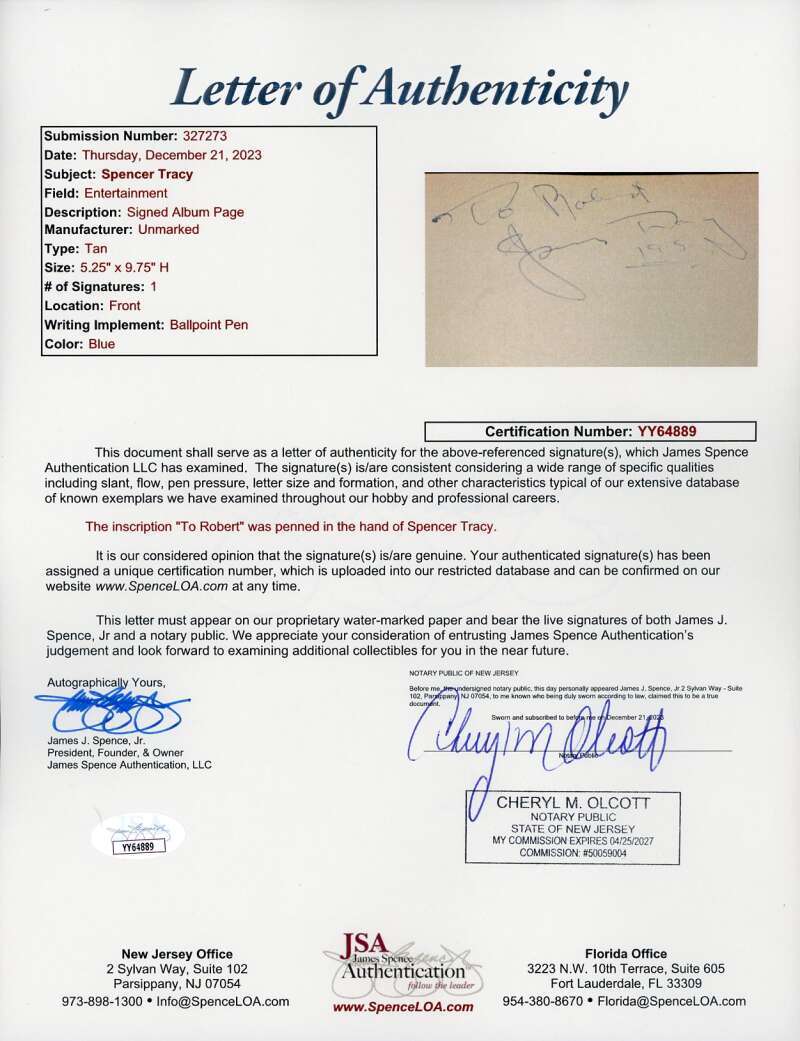 Spencer Tracy JSA LOA Signed Vintage Album Page Autograph