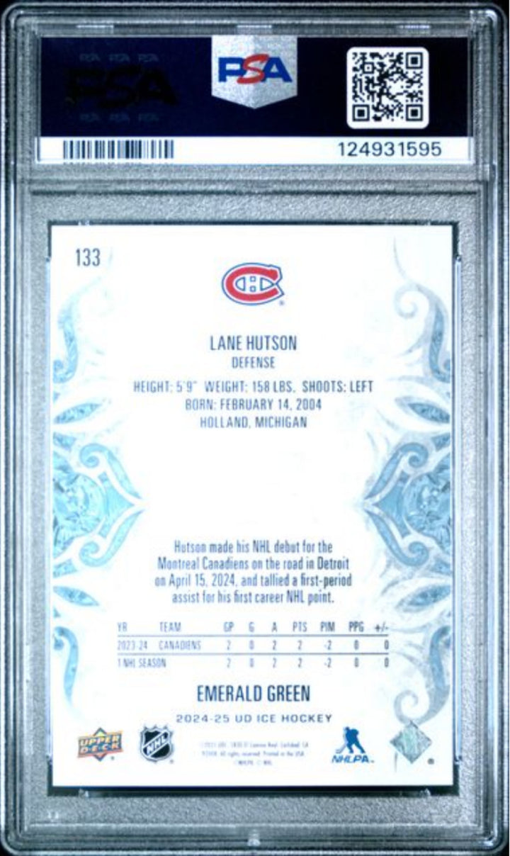 Graded 2024 Upper Deck Ice Lane Hutson #133 Emerald Green Rookie RC Card PSA 10
