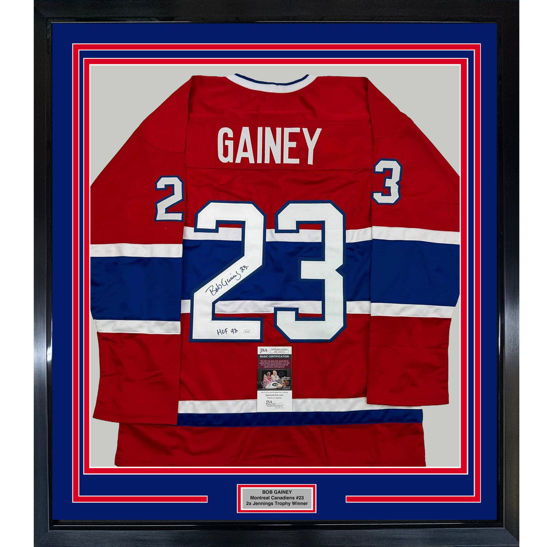 Framed Autographed/Signed Bob Gainey 35x39 HOF 1992 Montreal Red Jersey JSA COA