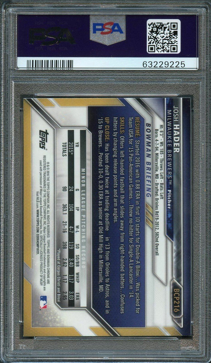 2016 Bowman Chrome Prospects #BCP216 Josh Hader Signed Card PSA Slabbed Auto Bre