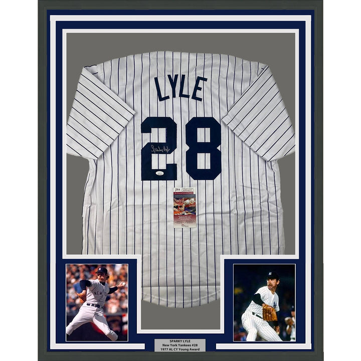 Framed Signed Sparky Lyle 35x39 New York Pinstripe Jersey JSA COA