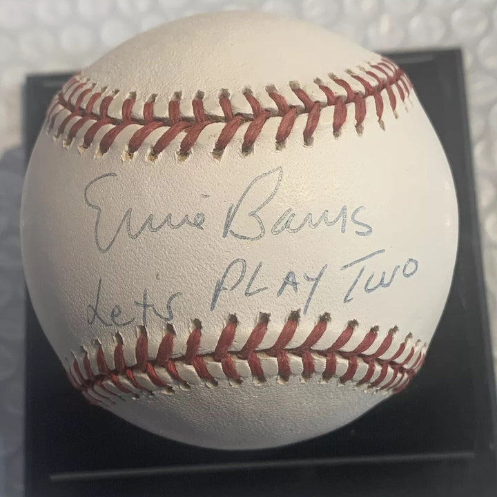 ERNIE BANKS SIGNED NL BASEBALL INSCRIBED LET'S PLAY TWO Autograph Cubs Steiner