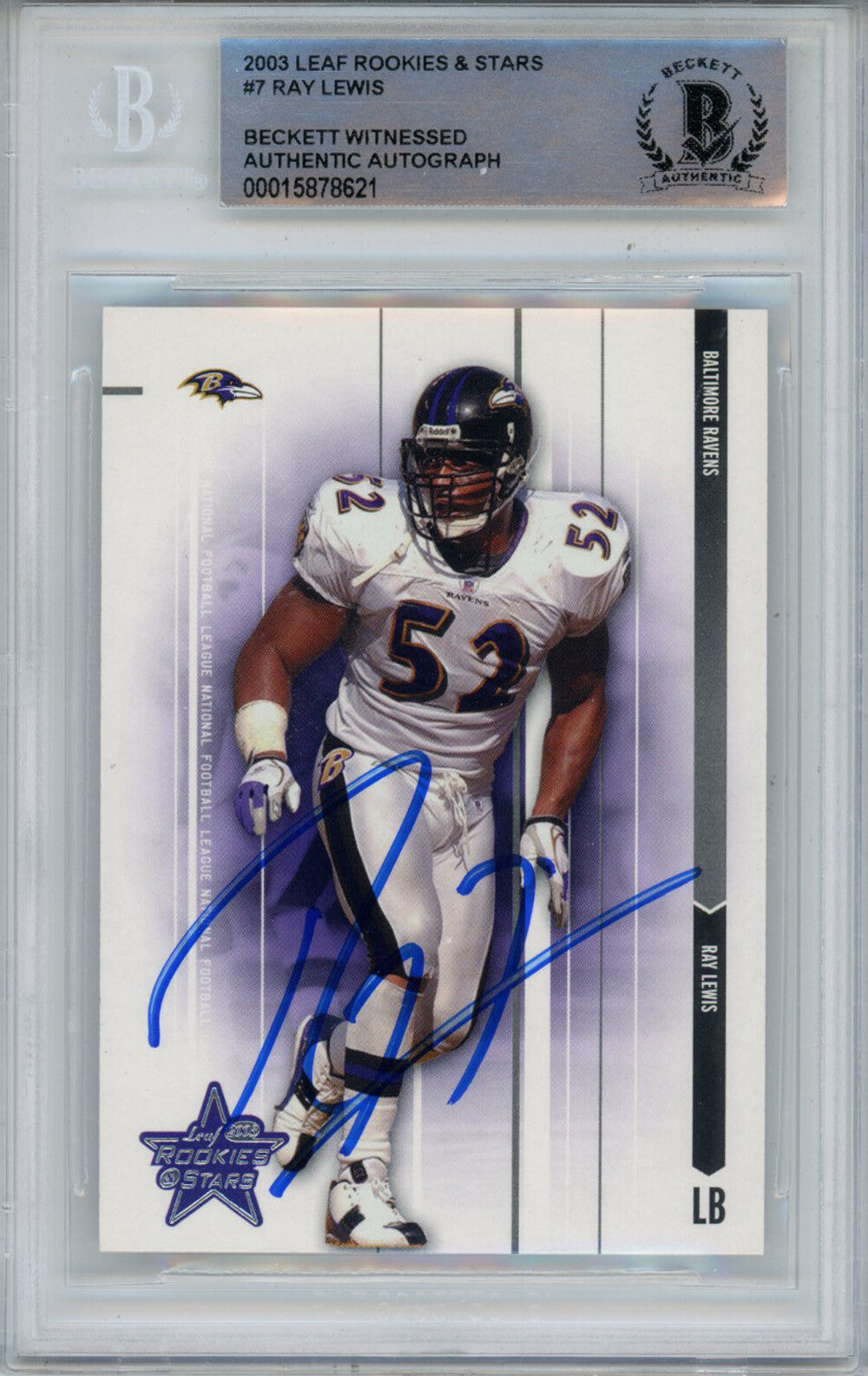 Ray Lewis Signed 2003 Leaf Rookies & Stars #7 Trading Card Beckett Slab 43353