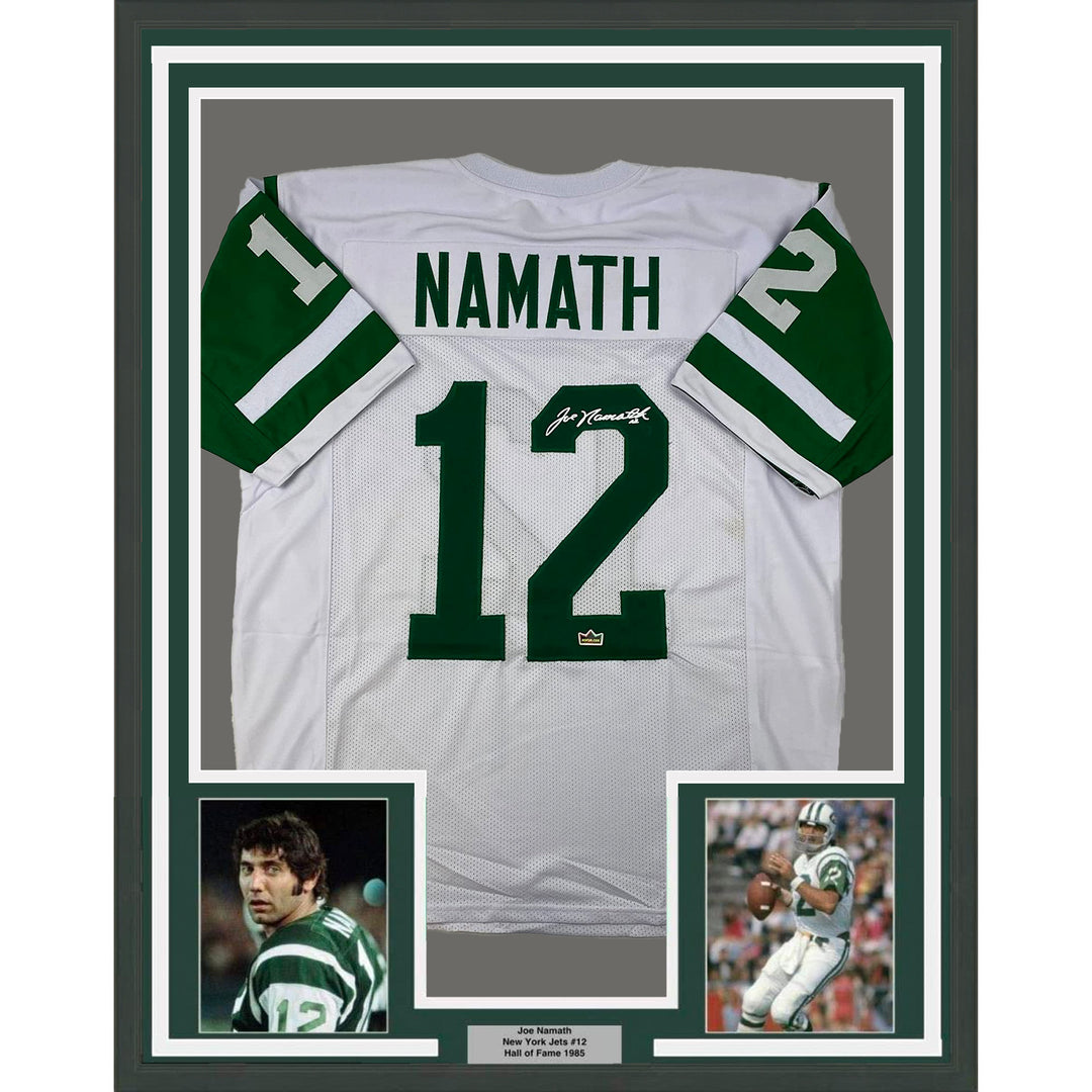 Framed Facsimile Autographed Joe Namath 33x42 White Reprint Laser Auto Jersey