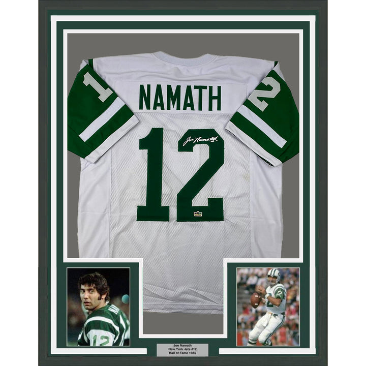 Framed Facsimile Autographed Joe Namath 33x42 White Reprint Laser Auto Jersey
