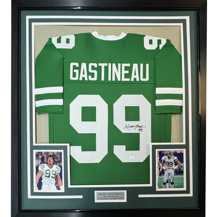 Framed Autographed/Signed Mark Gastineau 33x42 New York Green Jersey JSA COA
