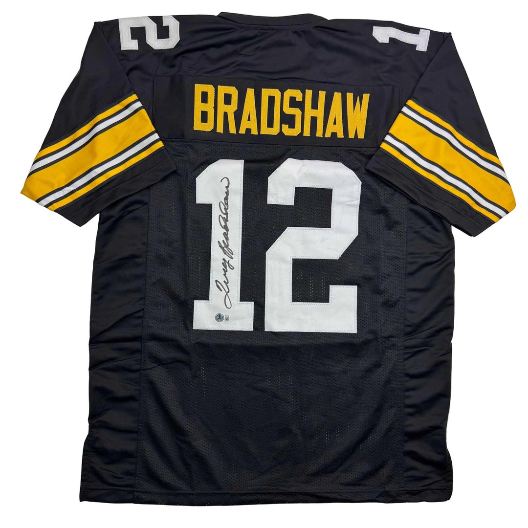 Autographed/Signed Terry Bradshaw Pittsburgh Black Jersey Beckett COA