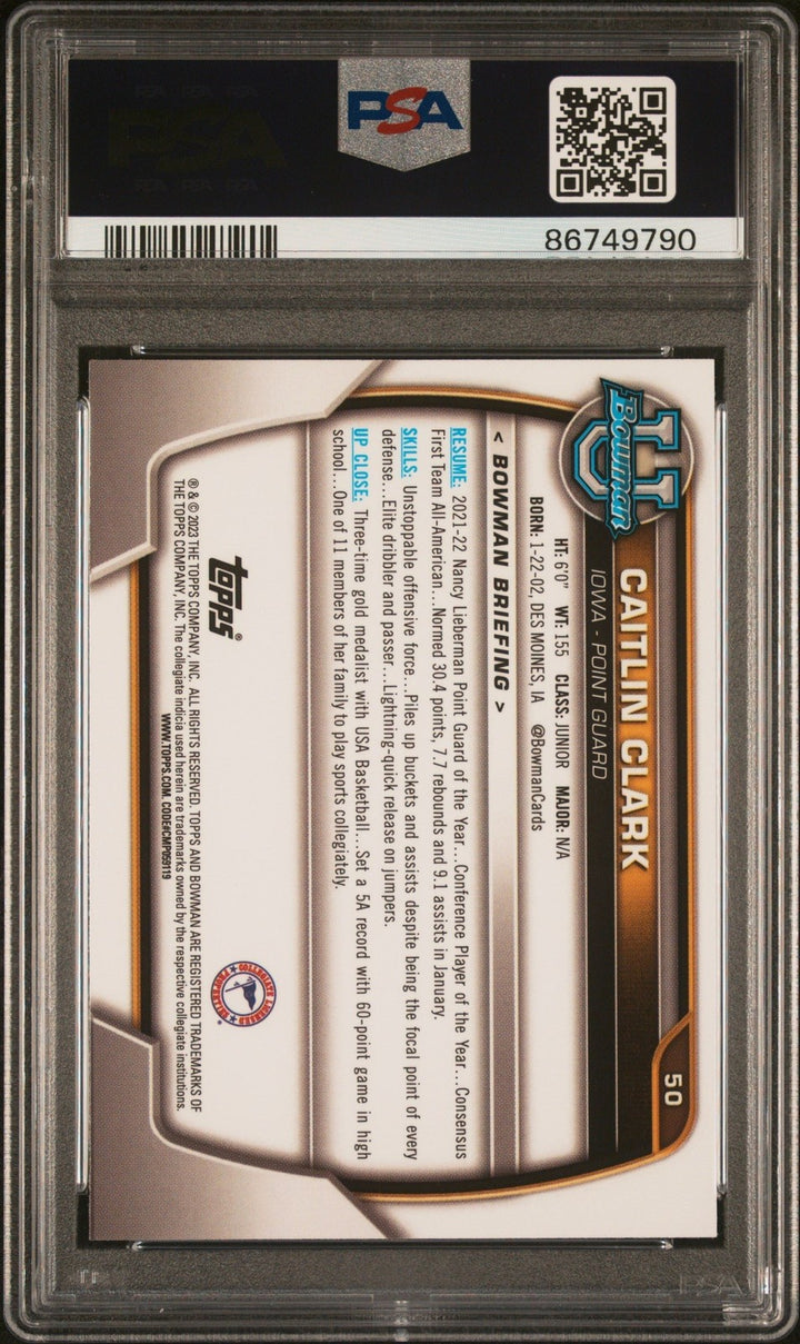 Graded 2022 Topps Bowman University Caitlin Clark #50 RC Card PSA 9