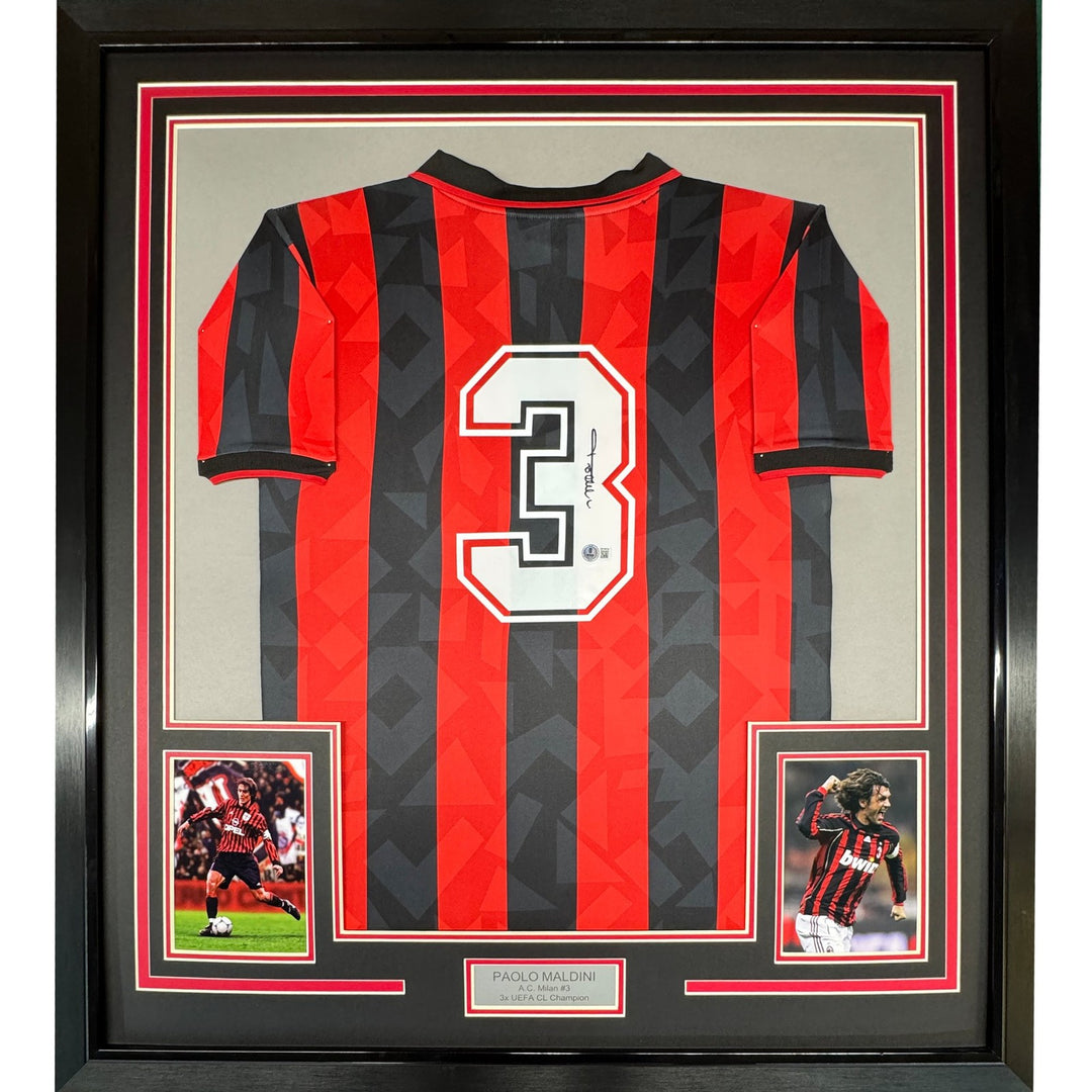 Framed Autographed/Signed Paolo Maldini 35x39 AC Milan Black/Red Jersey COA