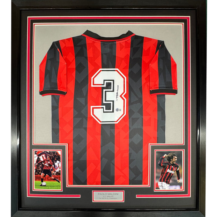 Framed Autographed/Signed Paolo Maldini 35x39 AC Milan Black/Red Jersey COA