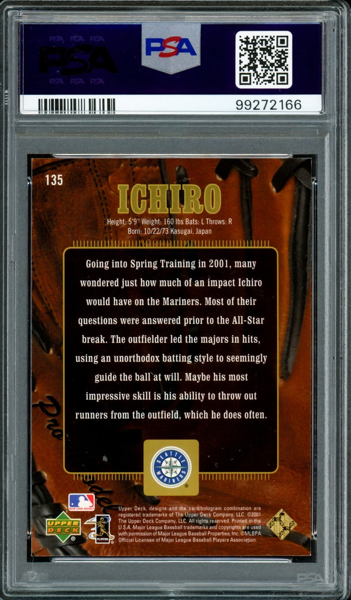 Ichiro Suzuki Auto 2001 Upper Deck Gold Glove RC 135 Sig 9 ROY/MVP #/500 PSA/DNA