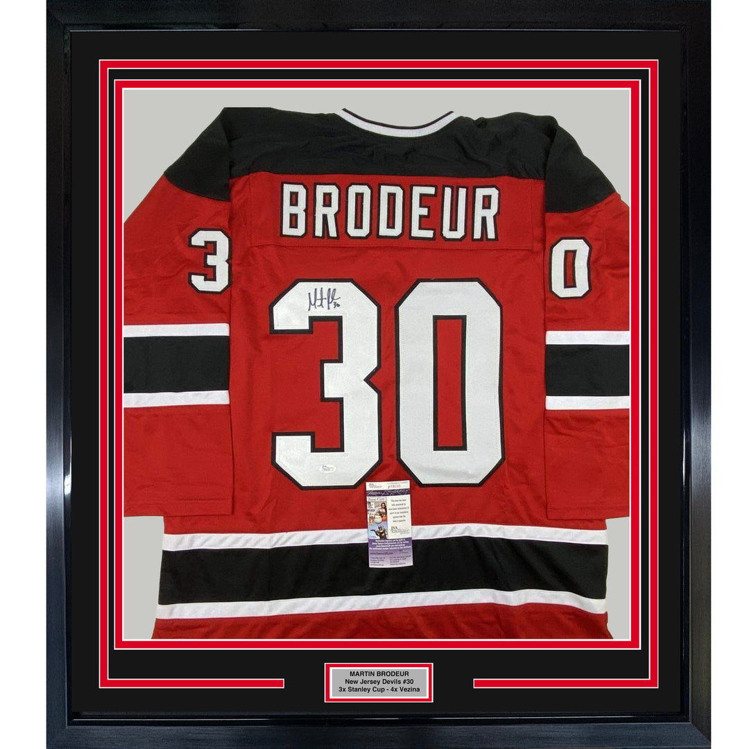 FRAMED Autographed/Signed MARTIN BRODEUR 33x42 New Jersey Red Jersey JSA COA