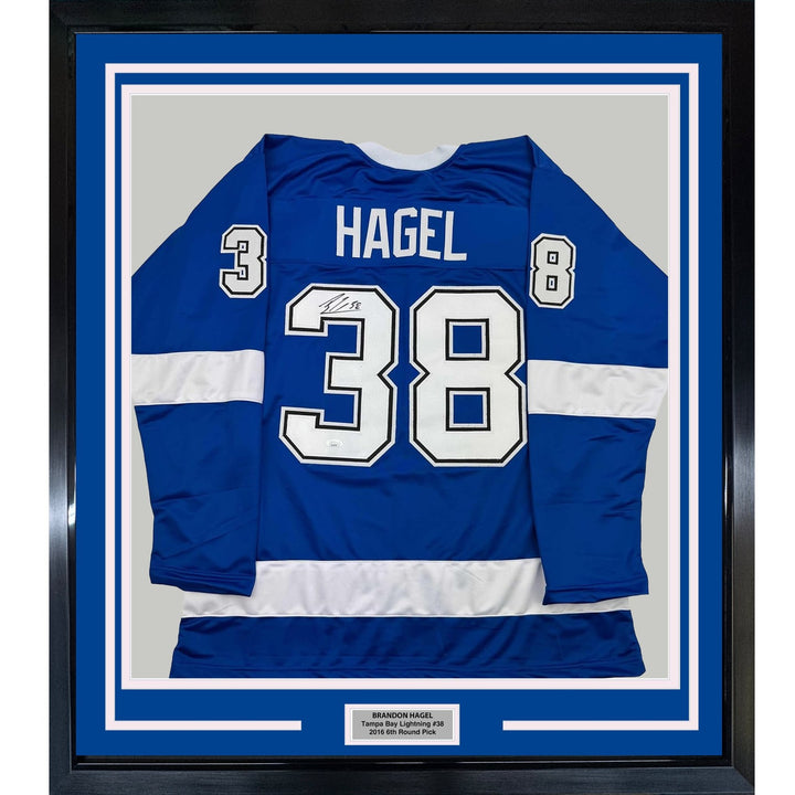 Framed Autographed/Signed Brandon Hagel 35x39 Tampa Bay Blue Jersey JSA COA