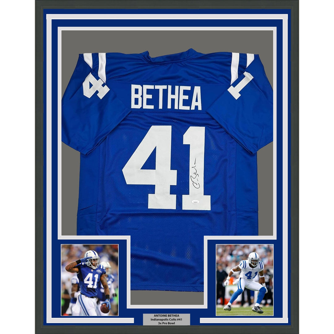 Framed Signed Antoine Bethea 35x39 Indianapolis Blue Jersey JSA COA
