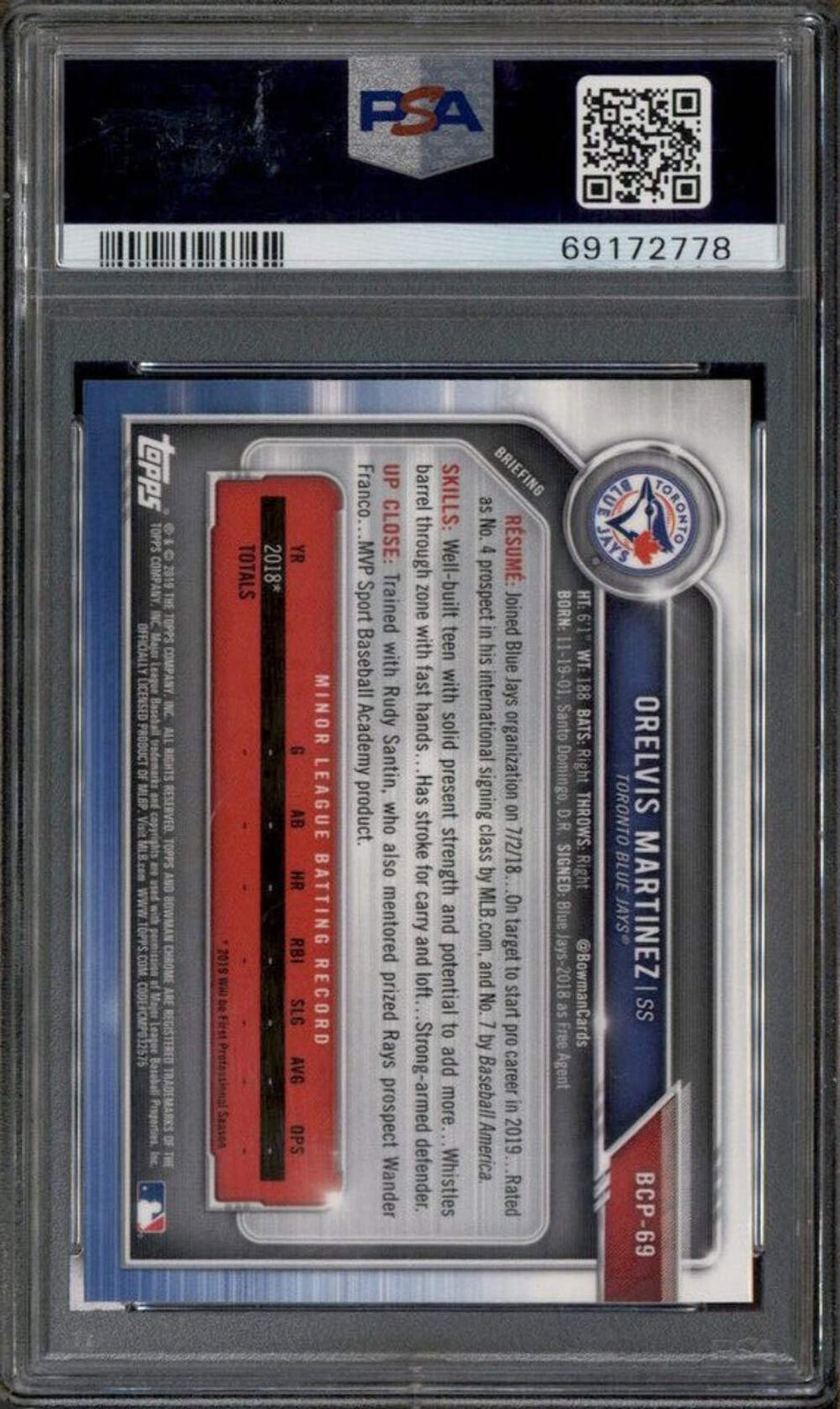 Graded 2019 Bowman Orelvis Martinez #69 Prospects Chrome RC Baseball Card PSA 10