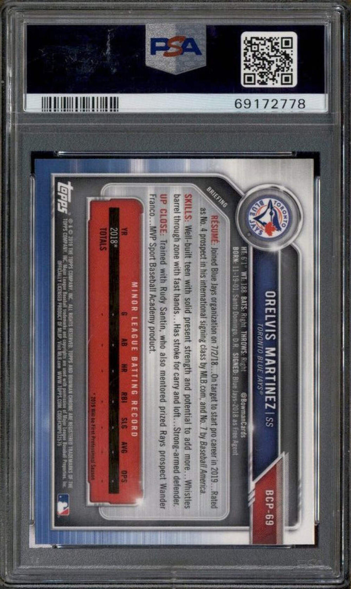 Graded 2019 Bowman Orelvis Martinez #69 Prospects Chrome RC Baseball Card PSA 10
