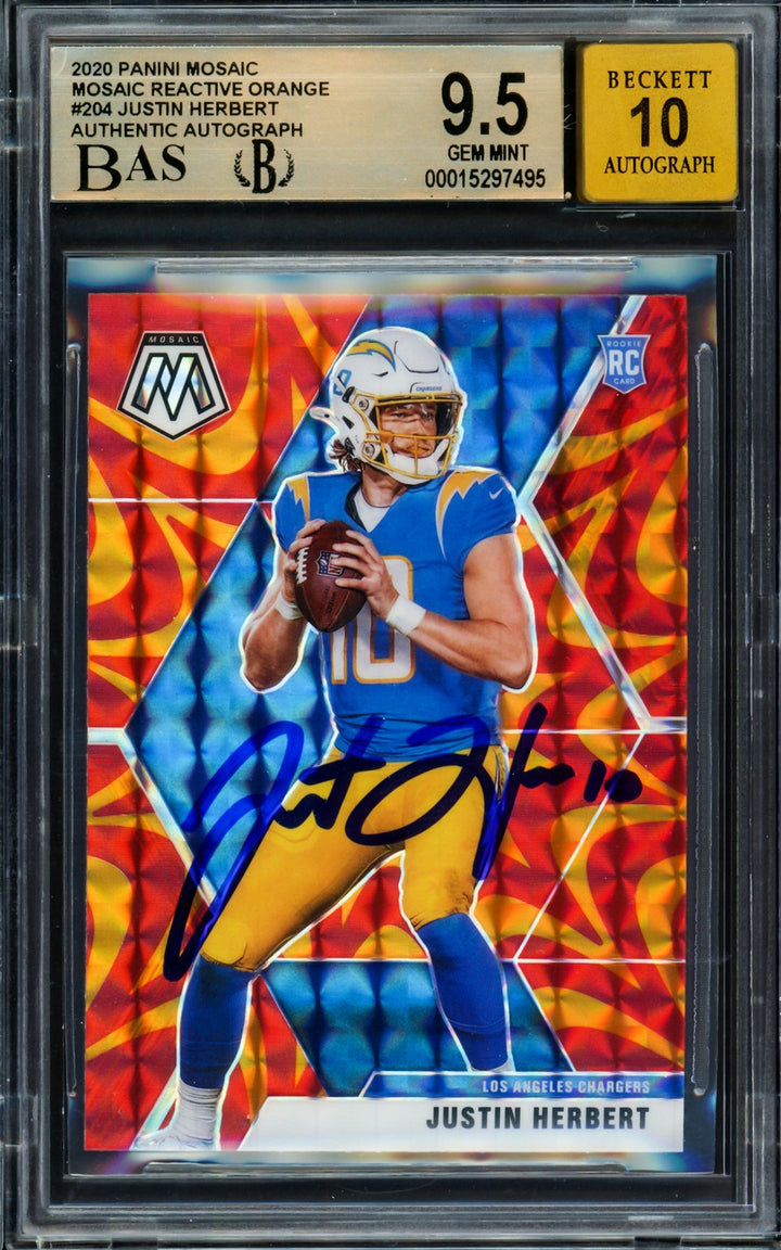 Justin Herbert Signed 2020 Mosaic Reactive Orange Prizm RC 204 BGS 9.5 Sig 10
