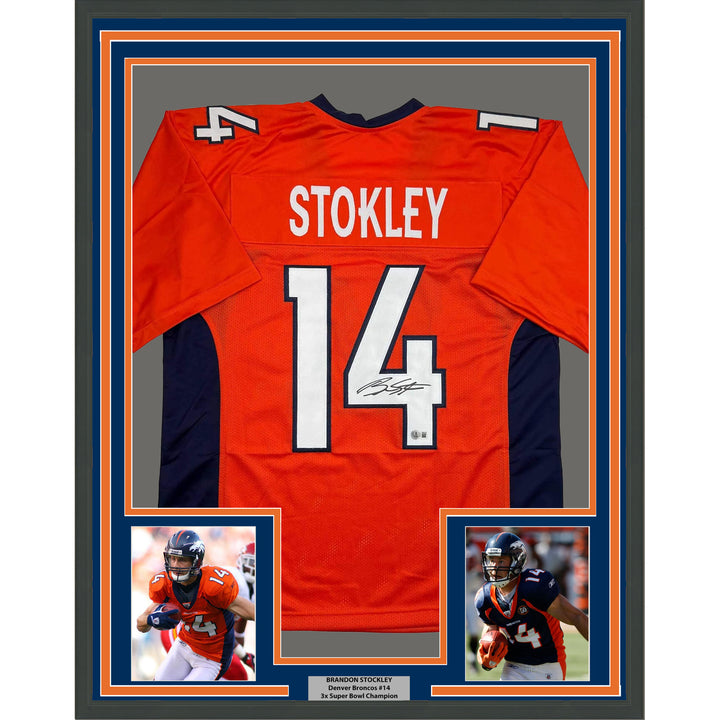 Framed Autographed/Signed Brandon Stokley 35x39 Denver Orange Jersey Beckett COA