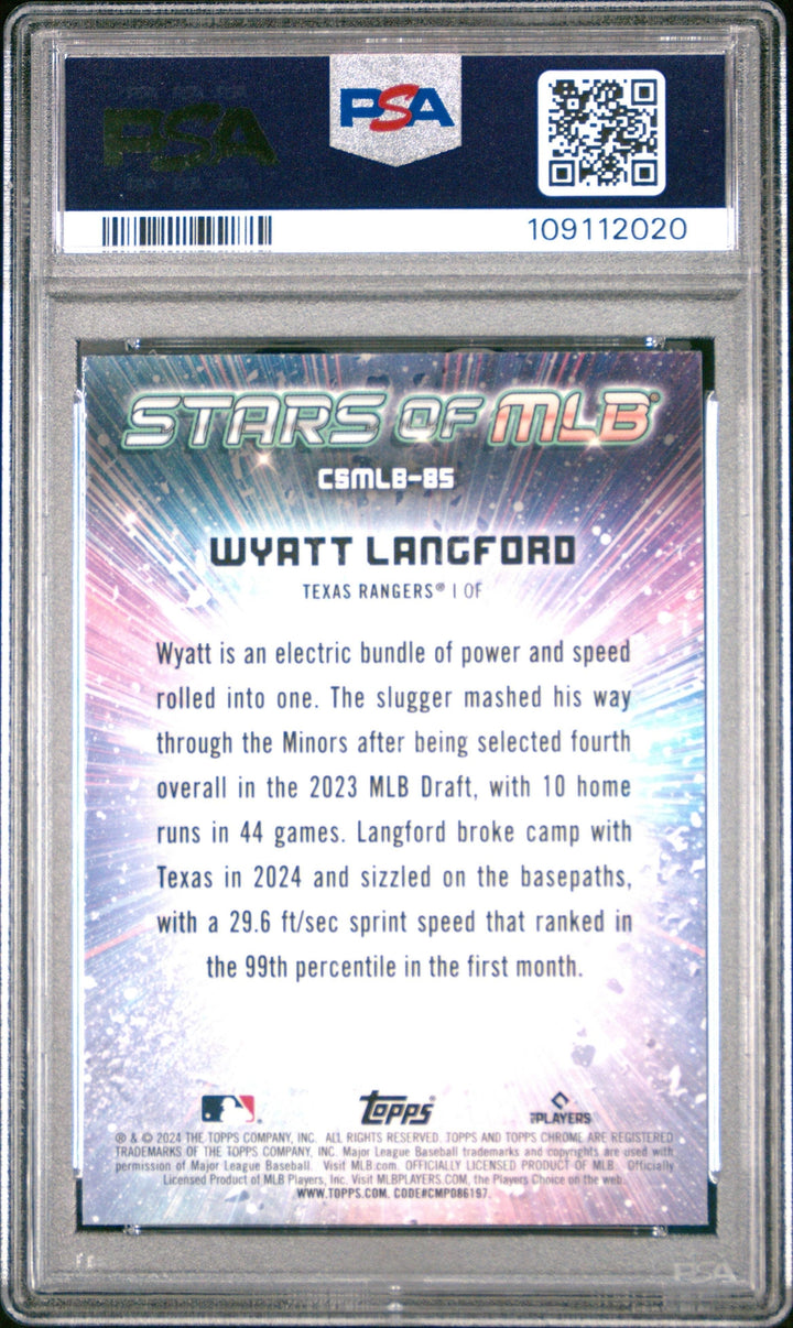 Graded 2024 Topps Wyatt Langford #CSMLB85 Stars MLB Chrome Baseball Card PSA 10