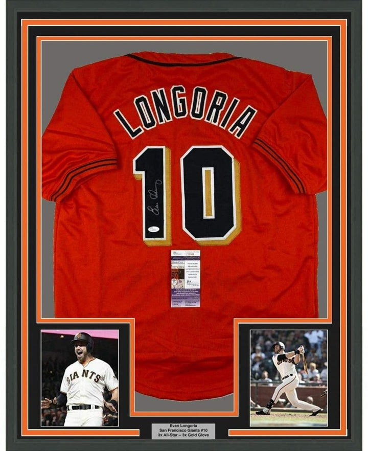 FRAMED Autographed/Signed EVAN LONGORIA 33x42 SF Orange Jersey JSA COA