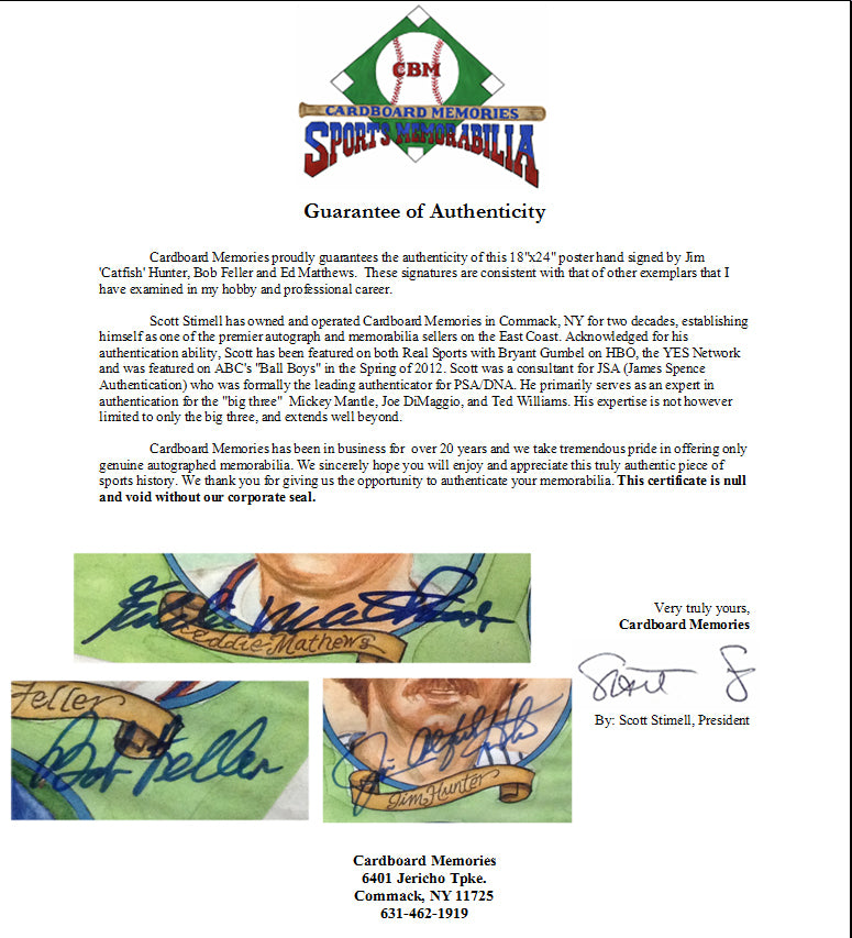 Catfish Hunter Bob Feller Ed Mathews Signed Dick Perez HOF Poster Auto CBM COA