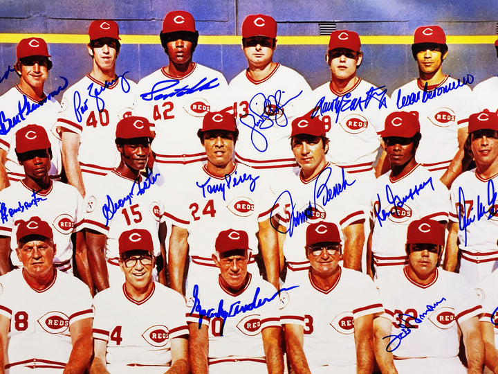 1976 Cincy Reds Big Red Machine Team Signed Framed 24x36 Poster With 27 Sigs BAS