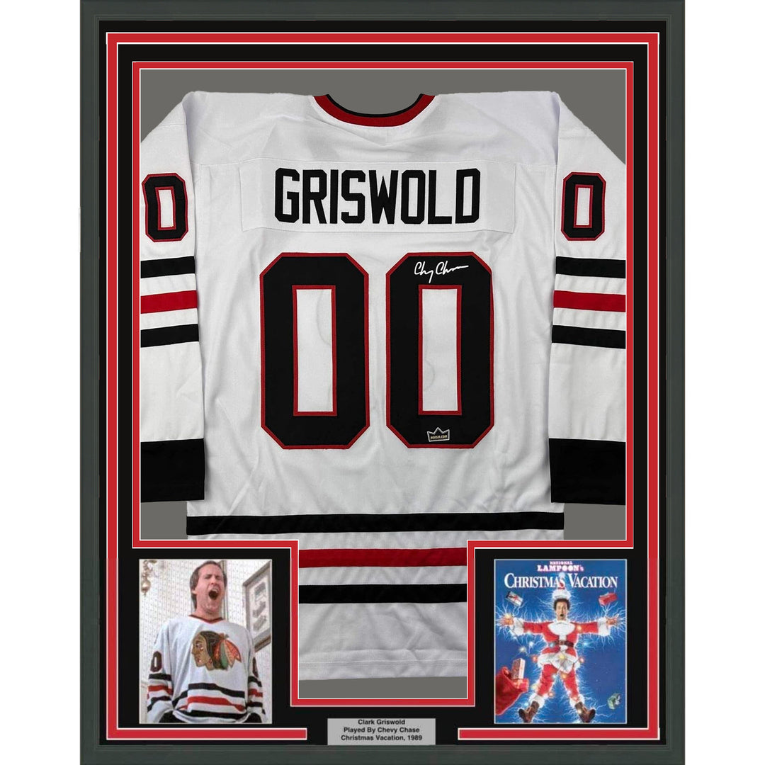 Framed Facsimile Autographed Chevy Chase 35x39 White Reprint Laser Auto Jersey