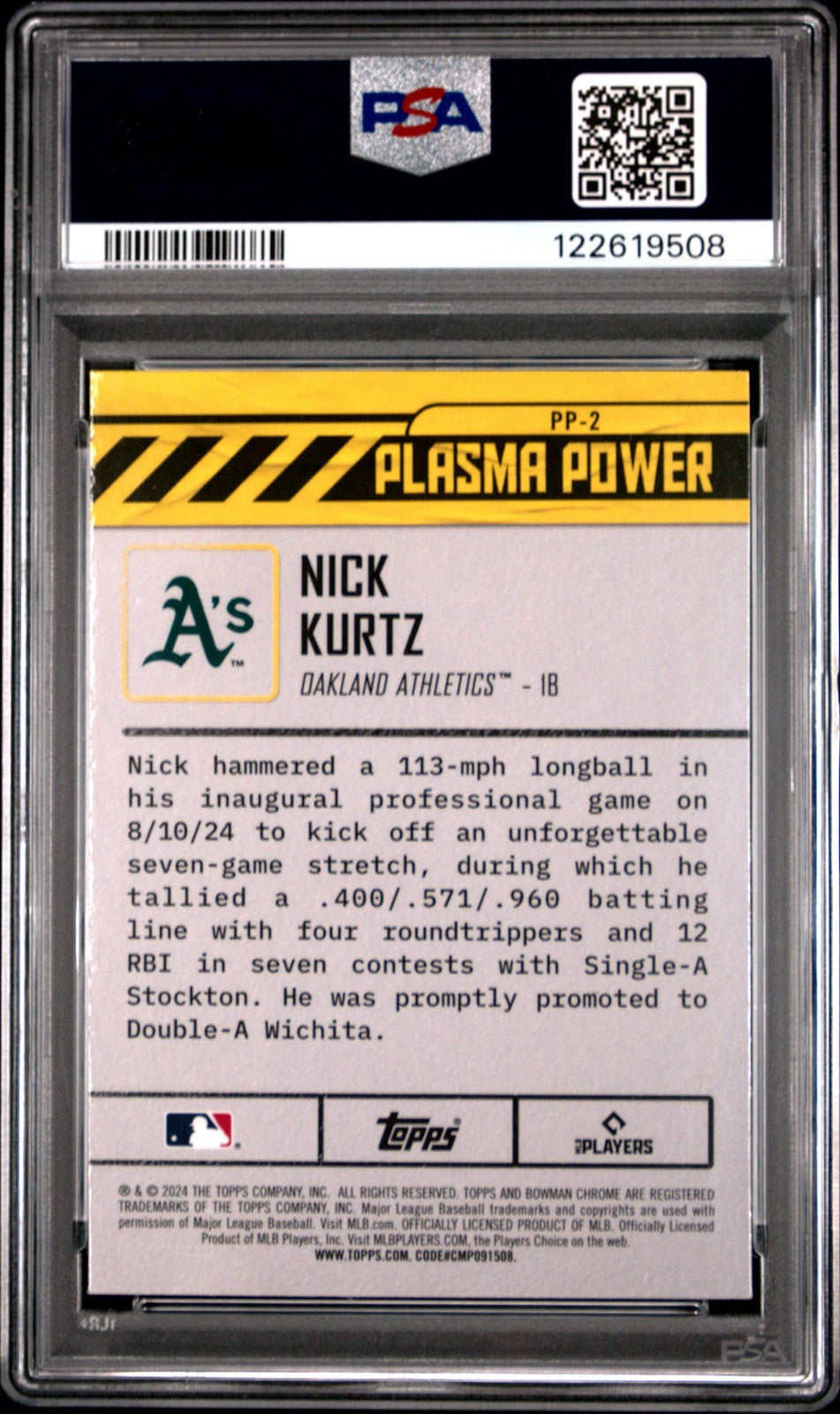 Graded 2024 Bowman Draft Nick Kurtz #PP2 Plasma Power RC Baseball Card PSA 10