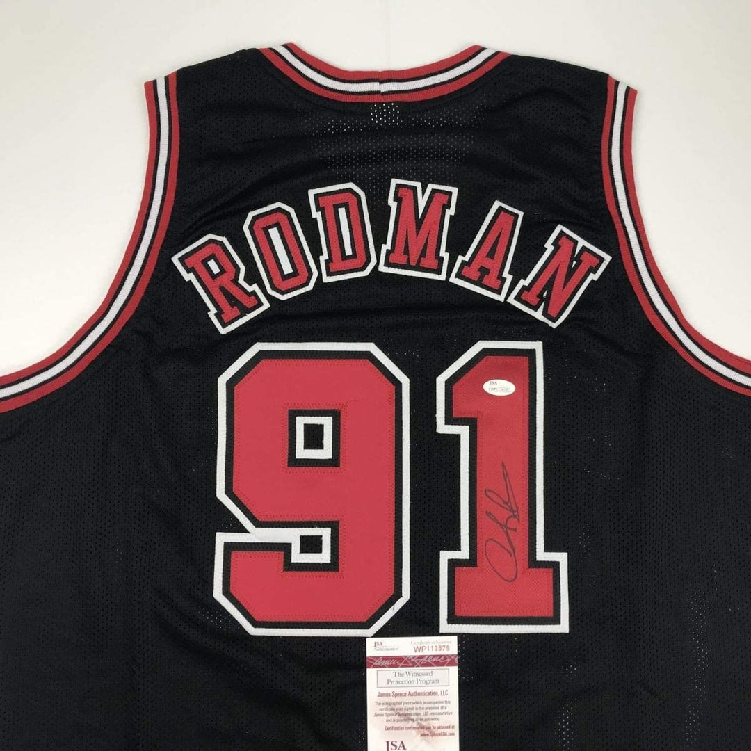 Autographed/Signed DENNIS RODMAN Chicago Black Jersey JSA COA Auto