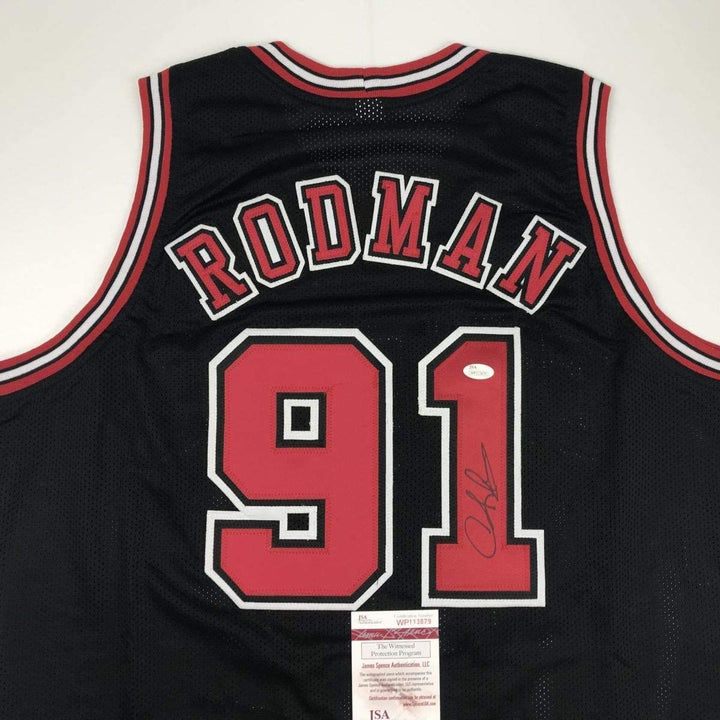 Autographed/Signed DENNIS RODMAN Chicago Black Jersey JSA COA Auto