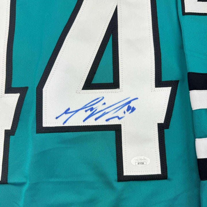 Framed Signed Marc-Edouard Vlasic 35x39 San Jose Teal Jersey JSA COA