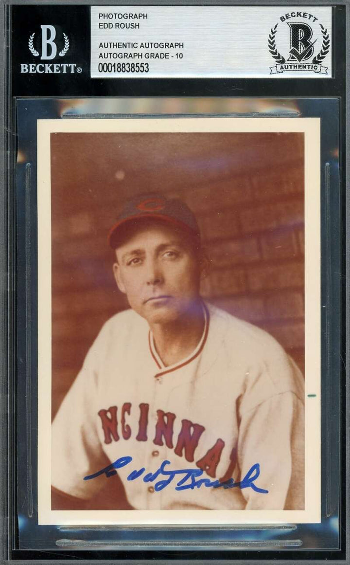 Edd Roush Gem Mint 10 Beckett BAS Signed 4x5 Photo Autograph