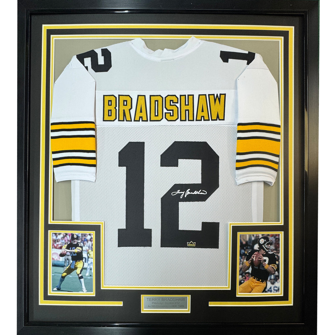 Framed Facsimile Autographed Terry Bradshaw 33x42 White Reprint Laser Jersey