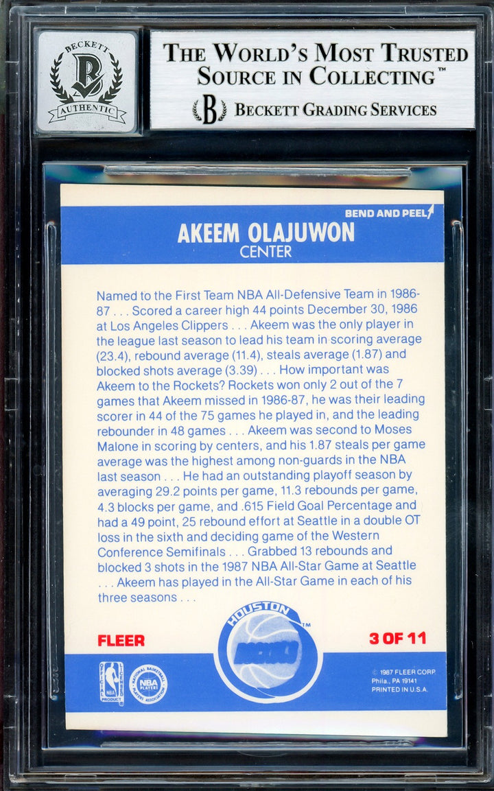 Hakeem Olajuwon Signed 1987-88 Fleer Stickers Card 3 Rockets Auto GM 10 Beckett