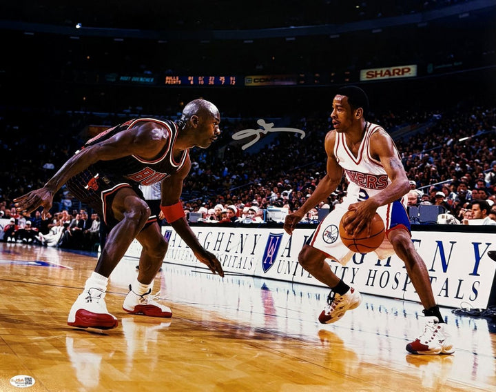 Allen Iverson Signed 16x20 Philadelphia 76ers vs Michael Jordan Photo 2 JSA QR