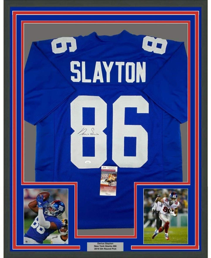 FRAMED Autographed/Signed DARIUS SLAYTON 33x42 New York Blue Jersey JSA COA Auto
