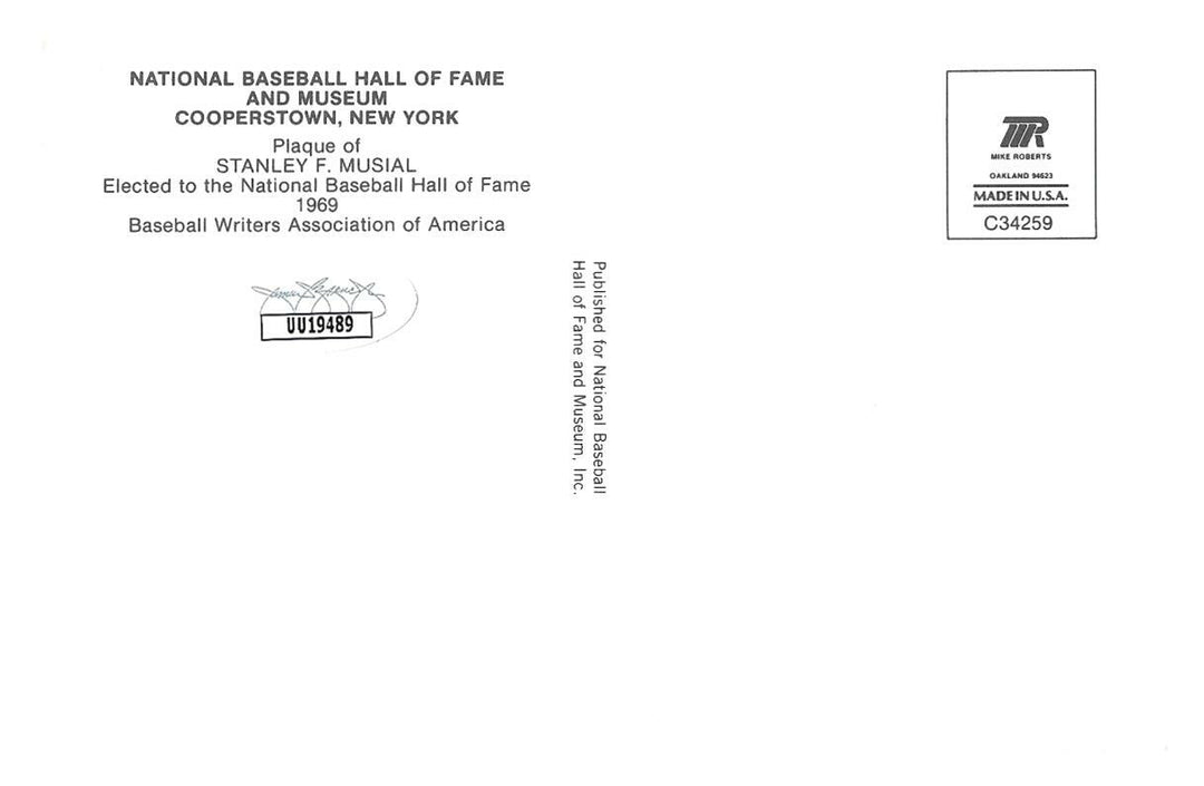 Stan Musial Signed HOF Plaque Postcard JSA COA St. Louis Cardinals Autograph