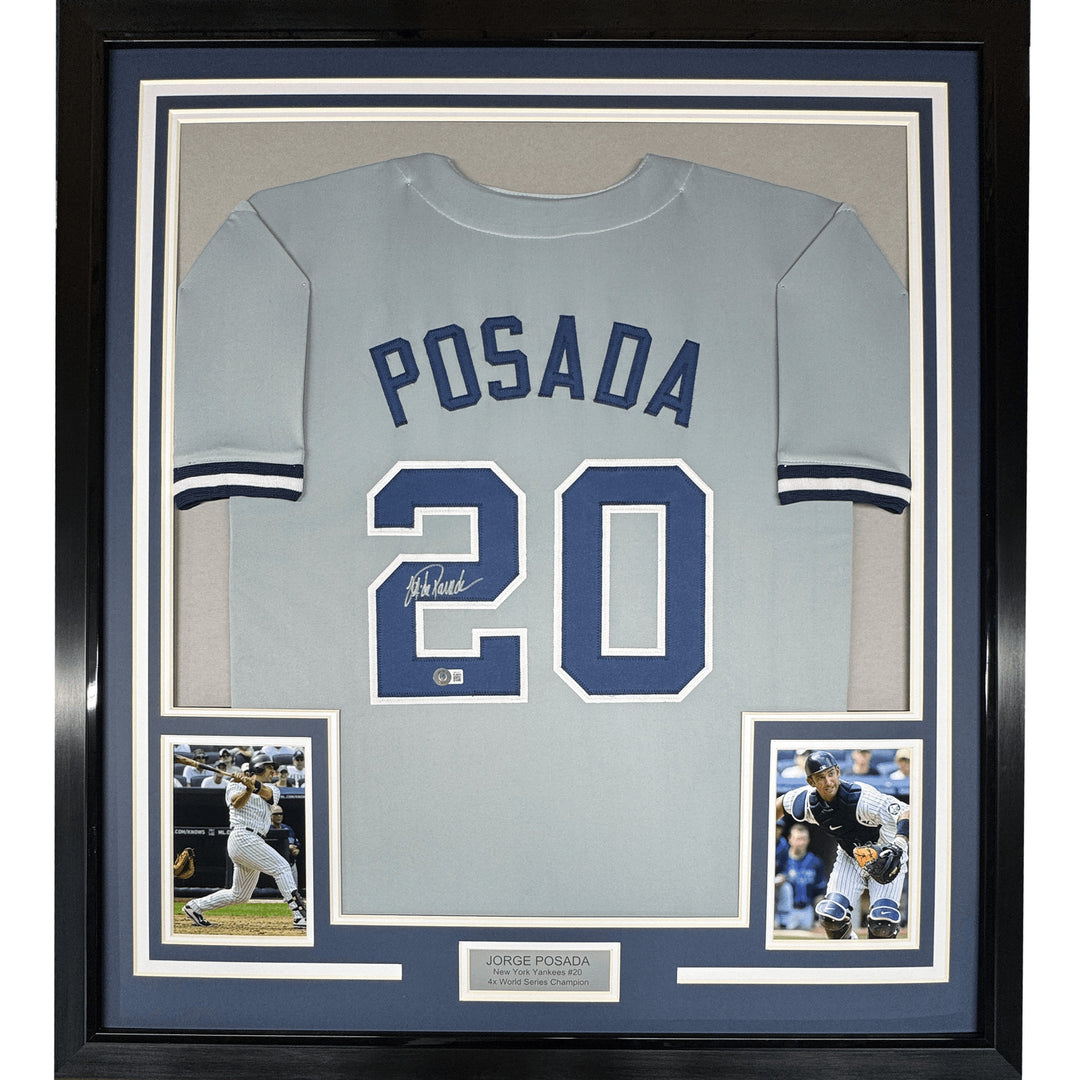 Framed Autographed/Signed Jorge Posada 35x39 New York Grey Jersey BAS COA