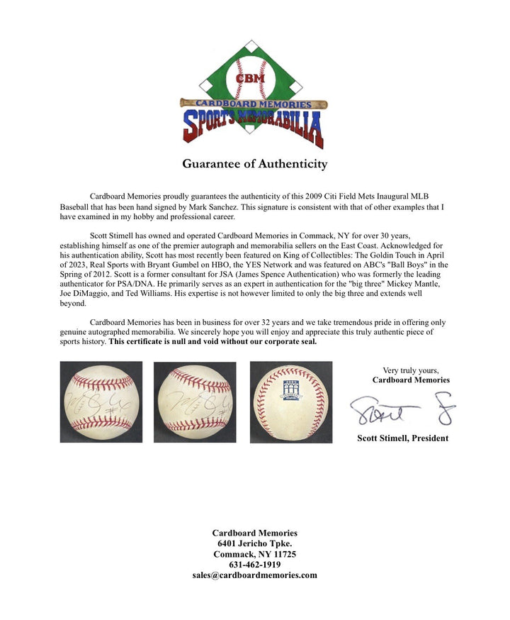 Mark Sanchez Signed 2009 Citi Field Inaugural Logo Baseball Rookie Auto Jets COA